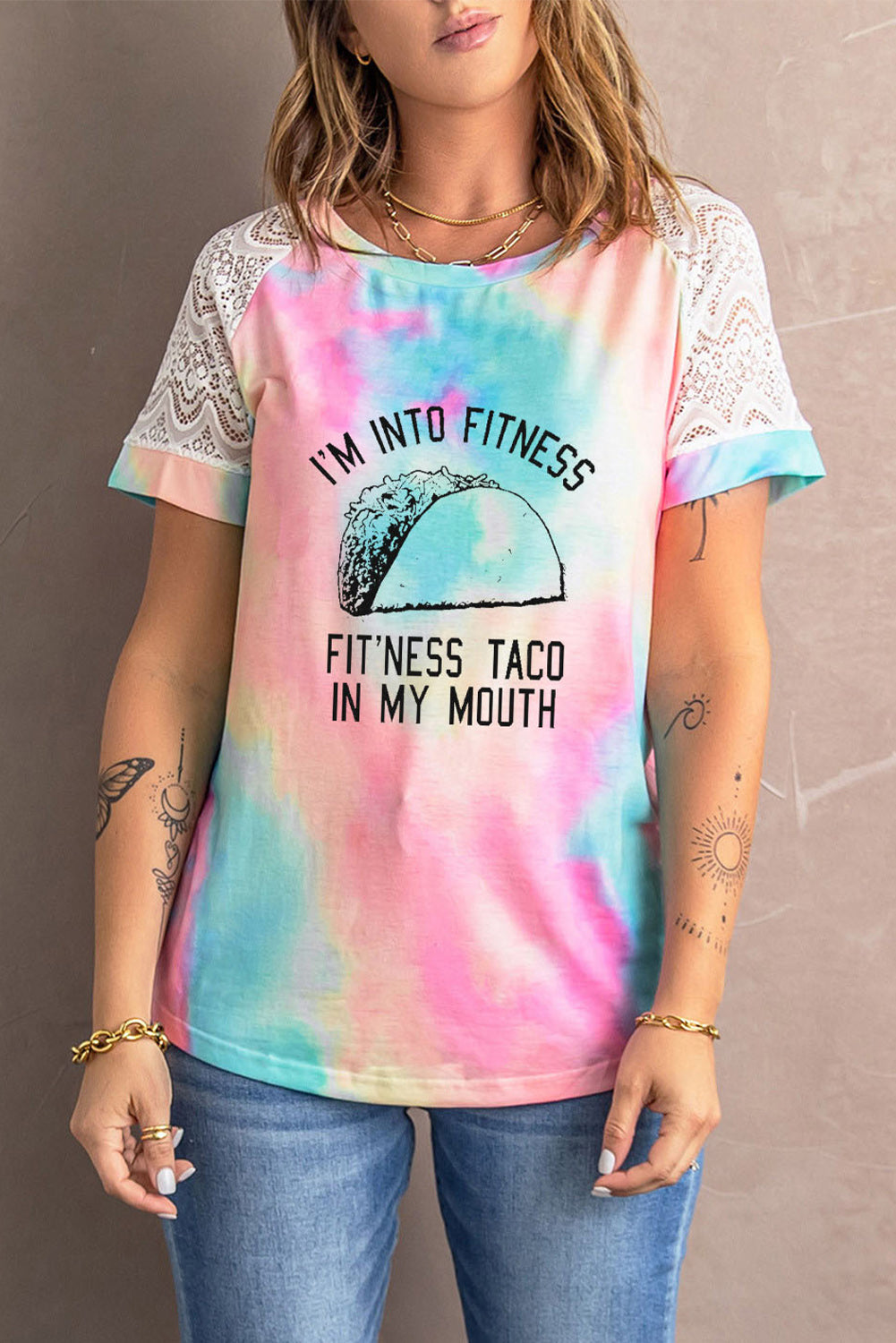 Multicolor Fitness Taco in My Mouth Graphic Tie Dye Lace Sleeve T-Shirt Multicolor 95%Polyester+5%Spandex Graphic Tees JT's Designer Fashion