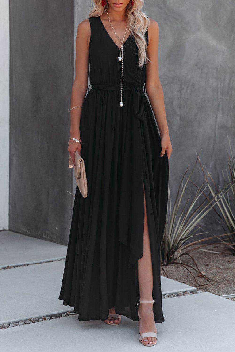 Black V Neck Sleeveless Maxi Dress with Slit Black 100%Polyester Maxi Dresses JT's Designer Fashion