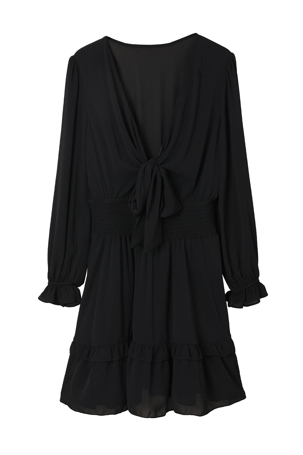 Black Deep V Neck Lantern Sleeve Knotted Tiered Mini Dress Mini Dresses JT's Designer Fashion