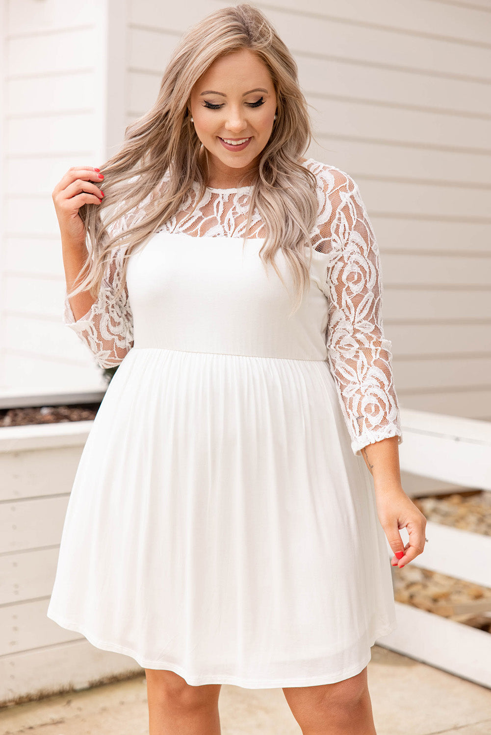White Plus Size Lace Mesh Splice Babydoll Dress Plus Size Dresses JT's Designer Fashion