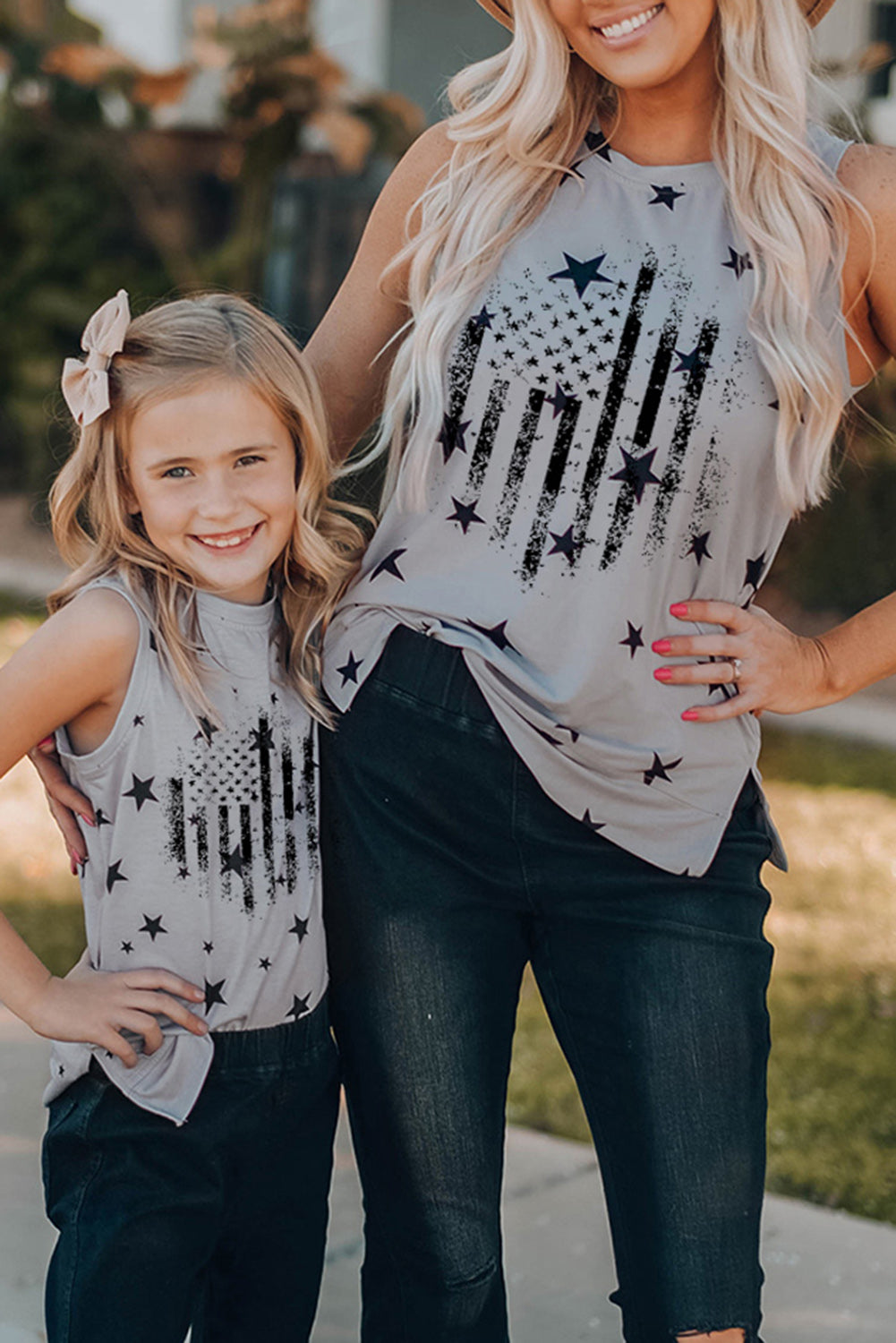 Gray Family Matching American Flag Printed Crew Neck Tank Top Gray 95%Polyester+5%Spandex Family T-shirts JT's Designer Fashion