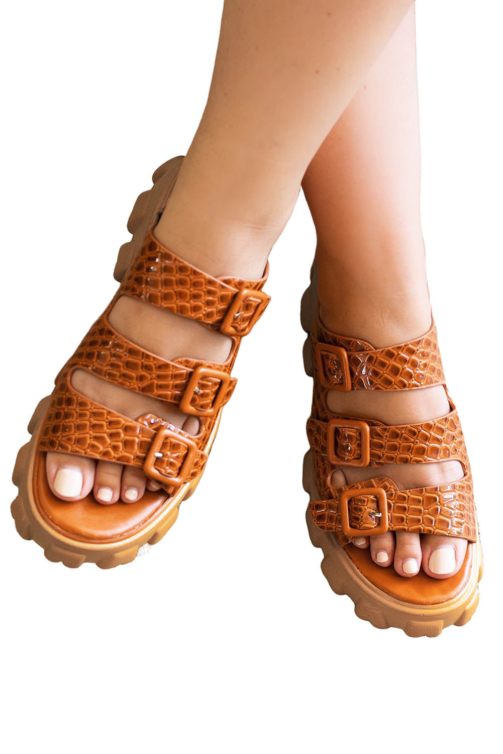Brown Dotty Buckle Straps Gladiator Platform Slippers Slippers JT's Designer Fashion