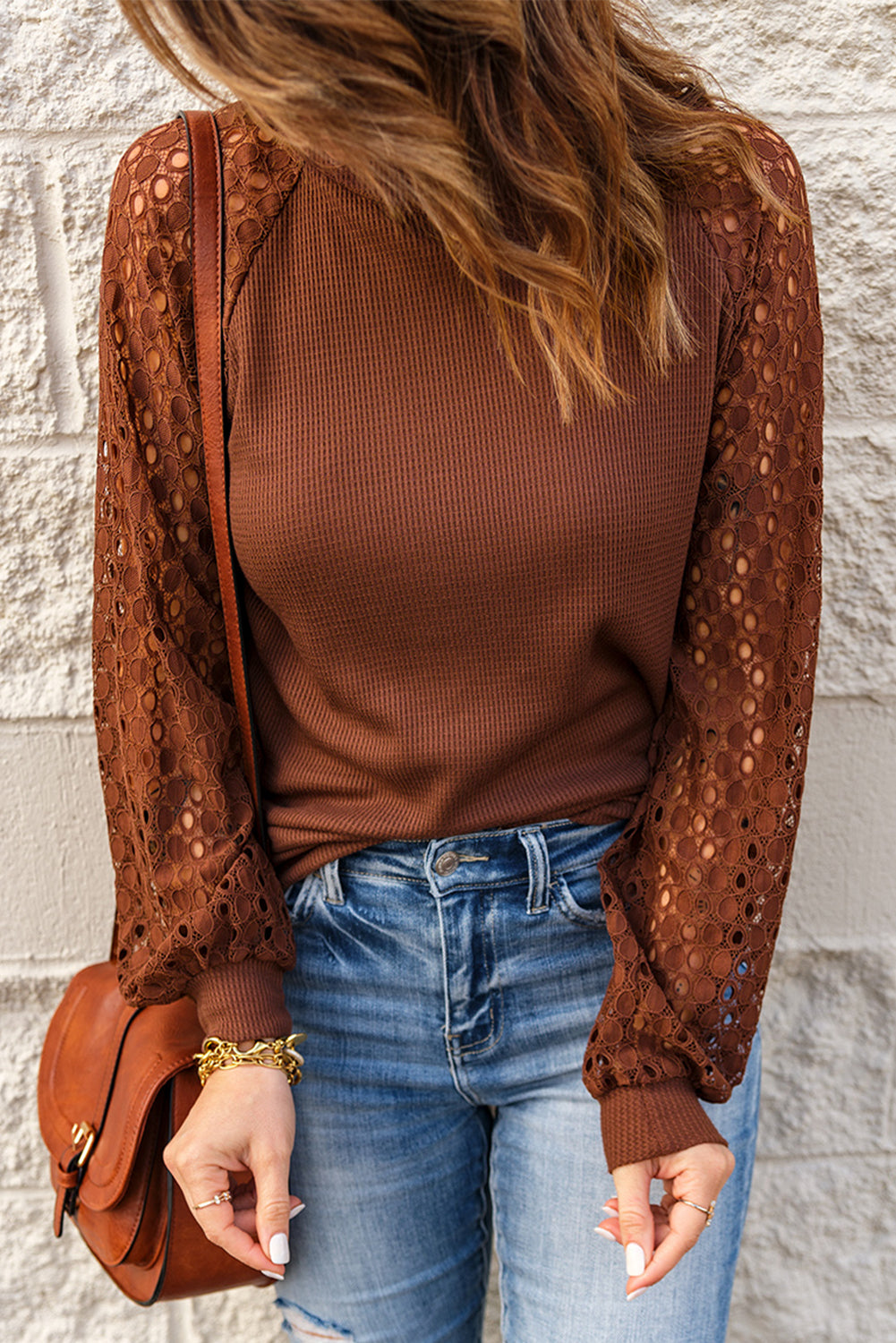 Brown Lace Contrast Long Sleeve Waffle Knit Top Long Sleeve Tops JT's Designer Fashion