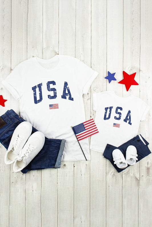 Daughter and Me USA Flag Pattern Printed Short Sleeve T Shirt White 95%Cotton+5%Elastane Family T-shirts JT's Designer Fashion