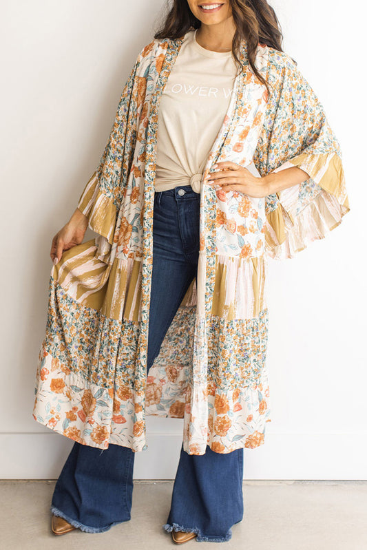 Multicolor Wide Sleeve Mixed Floral Print Long Kimono Outerwear JT's Designer Fashion