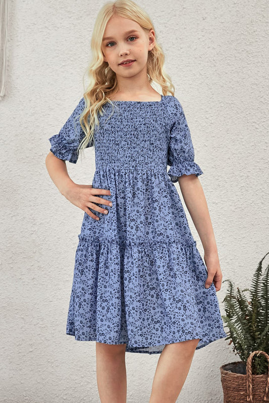 Girls Printed Smocked Flounce Sleeve Dress Blue Girls Dresses JT's Designer Fashion