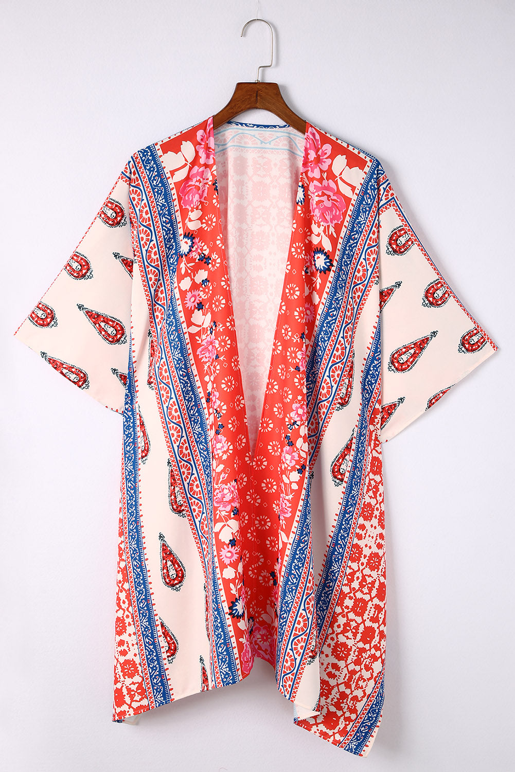 Red Long Paisley Print Kimono Beach Cover Up Kimono Kimonos JT's Designer Fashion