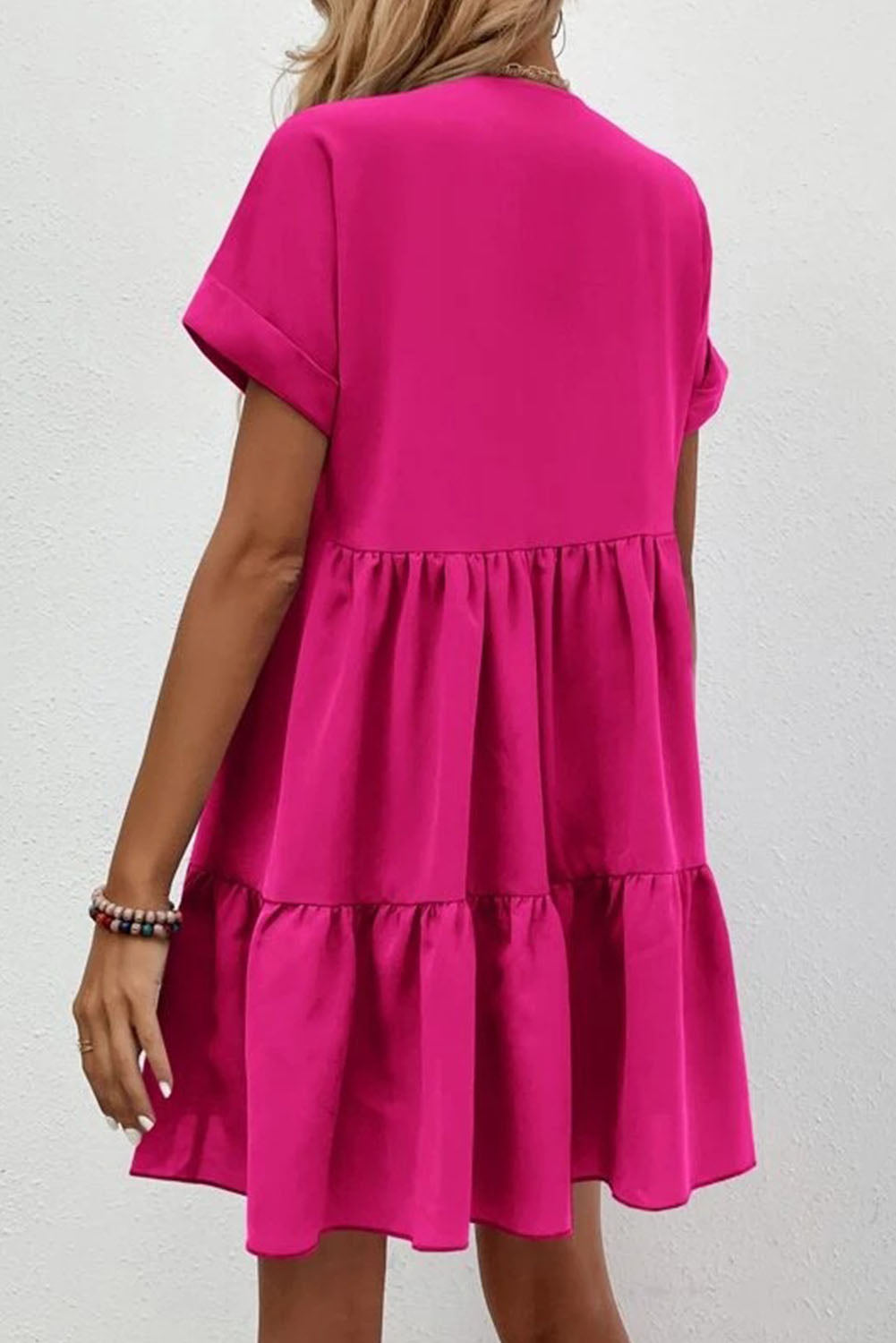 Rose Fresh and sweet V-neck solid color large swing casual skirt dress Mini Dresses JT's Designer Fashion