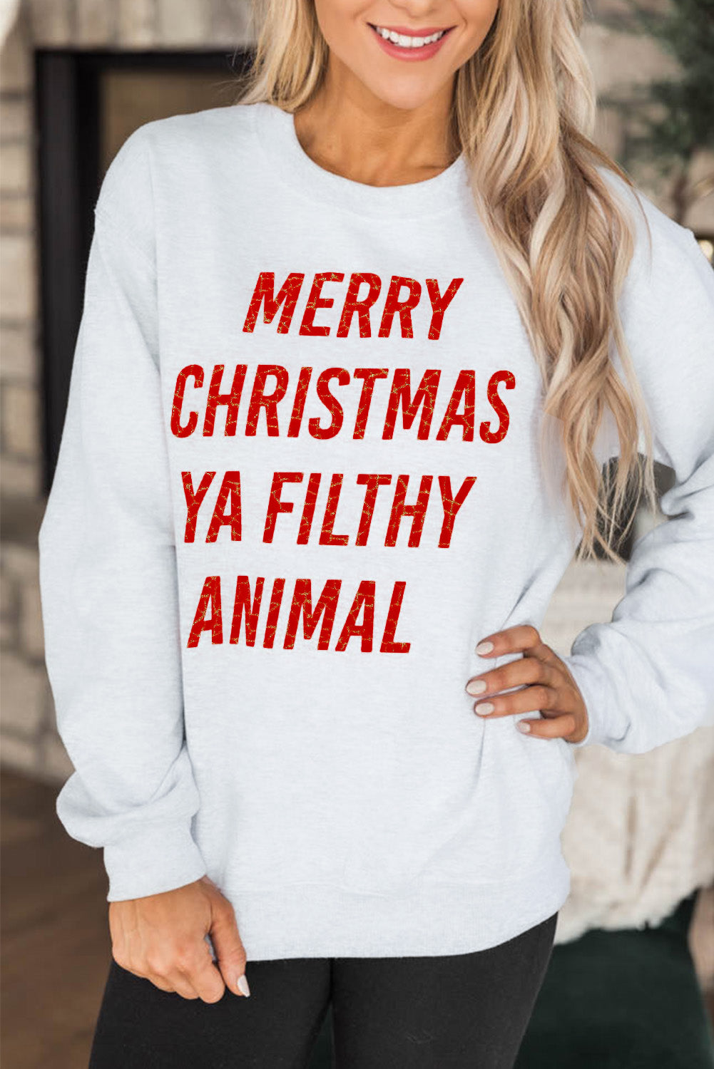White Merry Christmas Ya Filthy Animal Graphic Sweatshirt White 70%Polyester+30%Cotton Graphic Sweatshirts JT's Designer Fashion