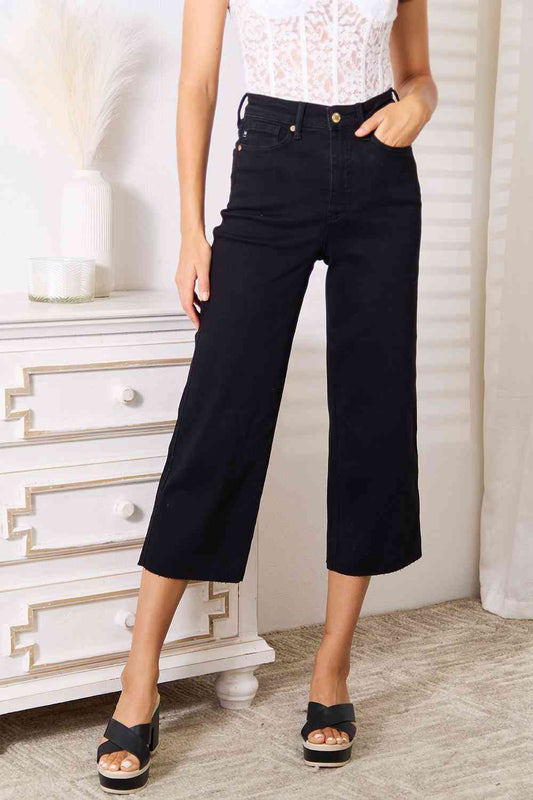 Judy Blue Full Size High Waist Wide Raw Hem Cropped Jeans Black Jeans JT's Designer Fashion
