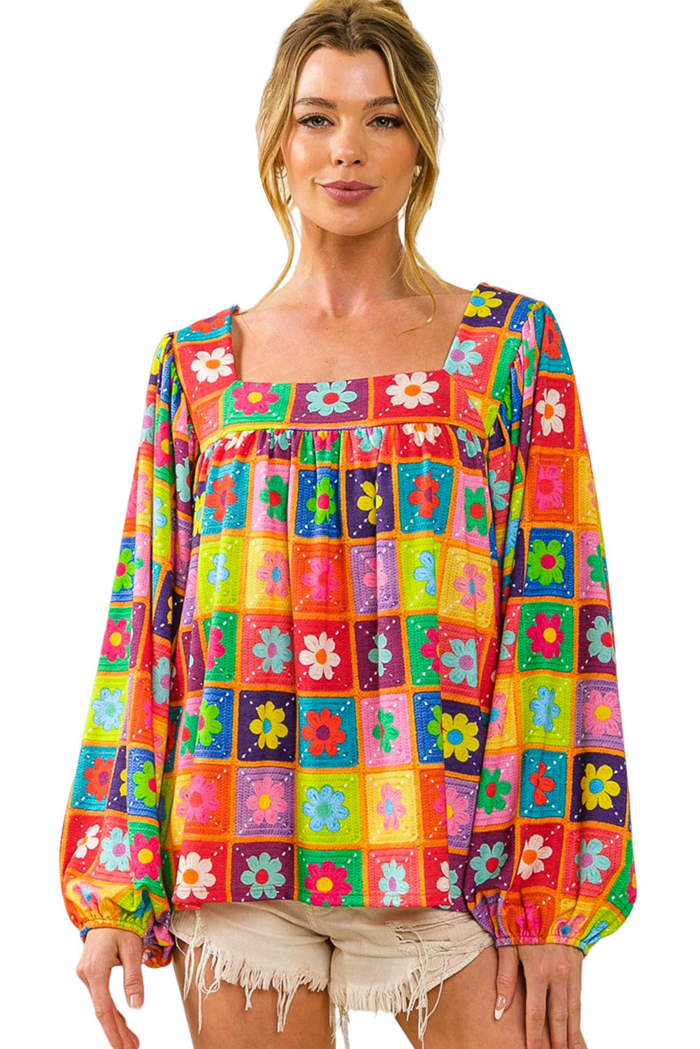 Multicolor Floral Crochet Square Neck Puff Sleeve Blouse Blouses & Shirts JT's Designer Fashion
