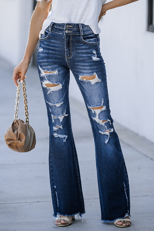 Blue Distressed High Waist Flared Jeans Jeans JT's Designer Fashion