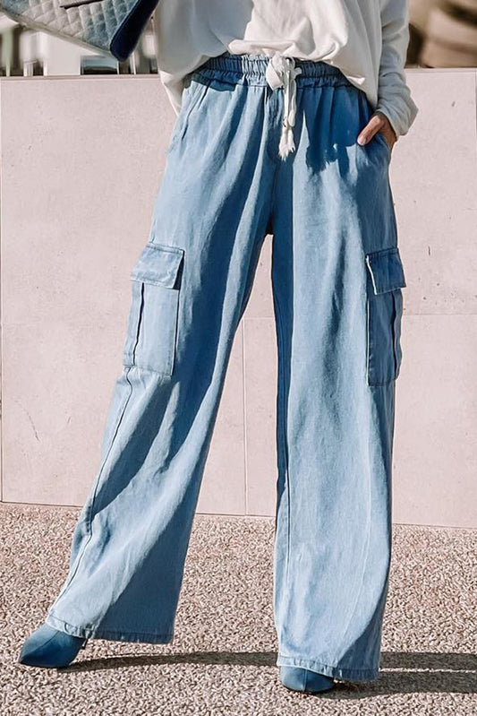 Sky Blue Drawstring High Waist Cargo Pocket Wide-Leg Jeans Bottoms JT's Designer Fashion