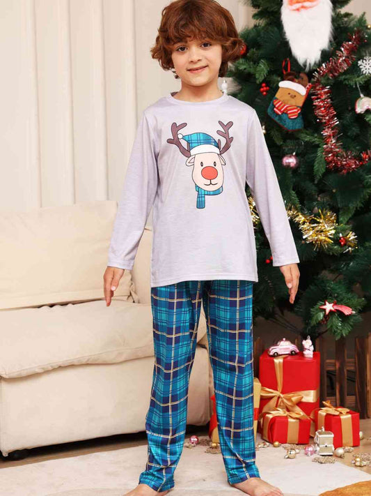 Rudolph Graphic Long Sleeve Top and Plaid Pants Set Azure Family Sets JT's Designer Fashion