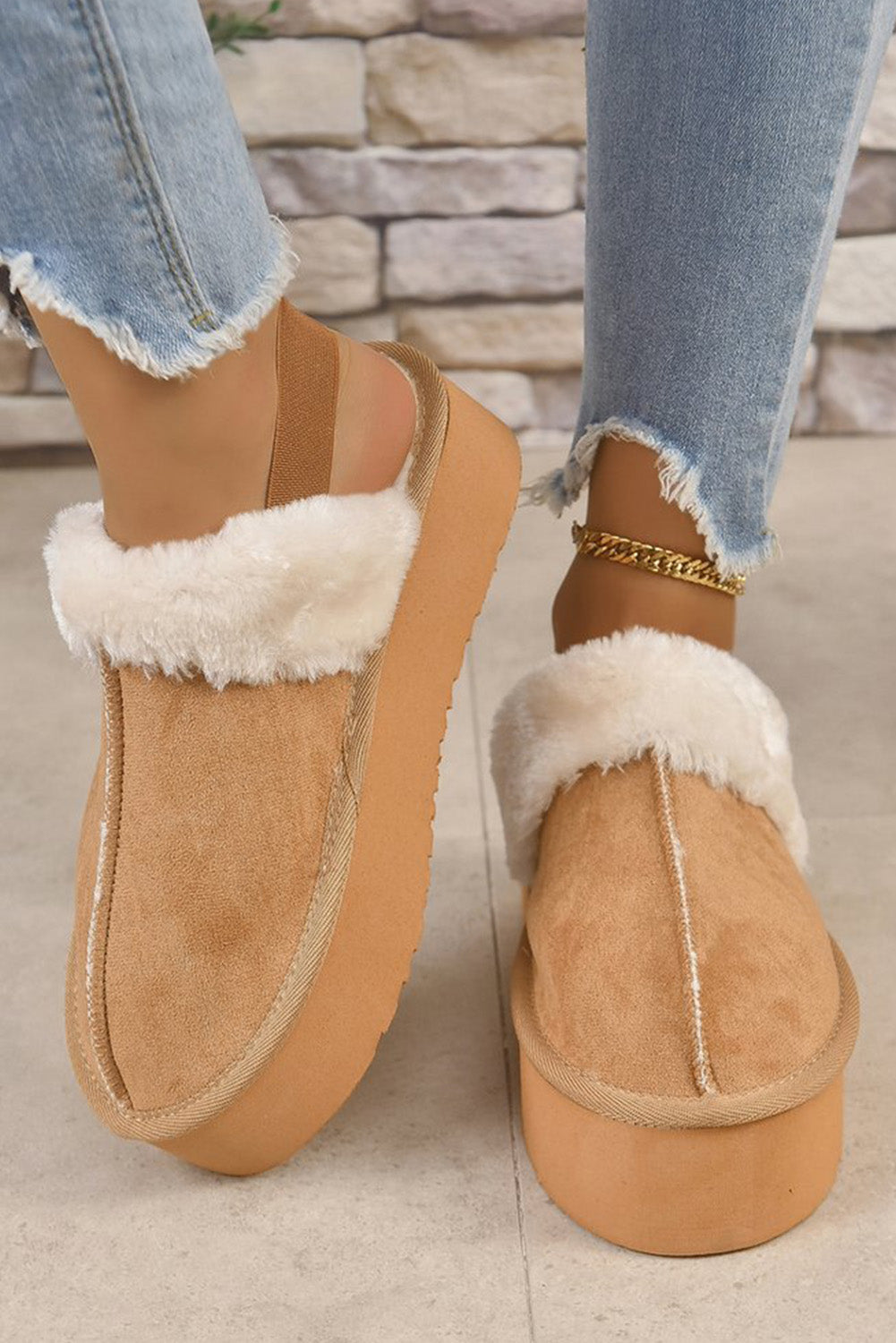 Light French Beige Suede Fluffy Slippers with Elastic Straps Slippers JT's Designer Fashion