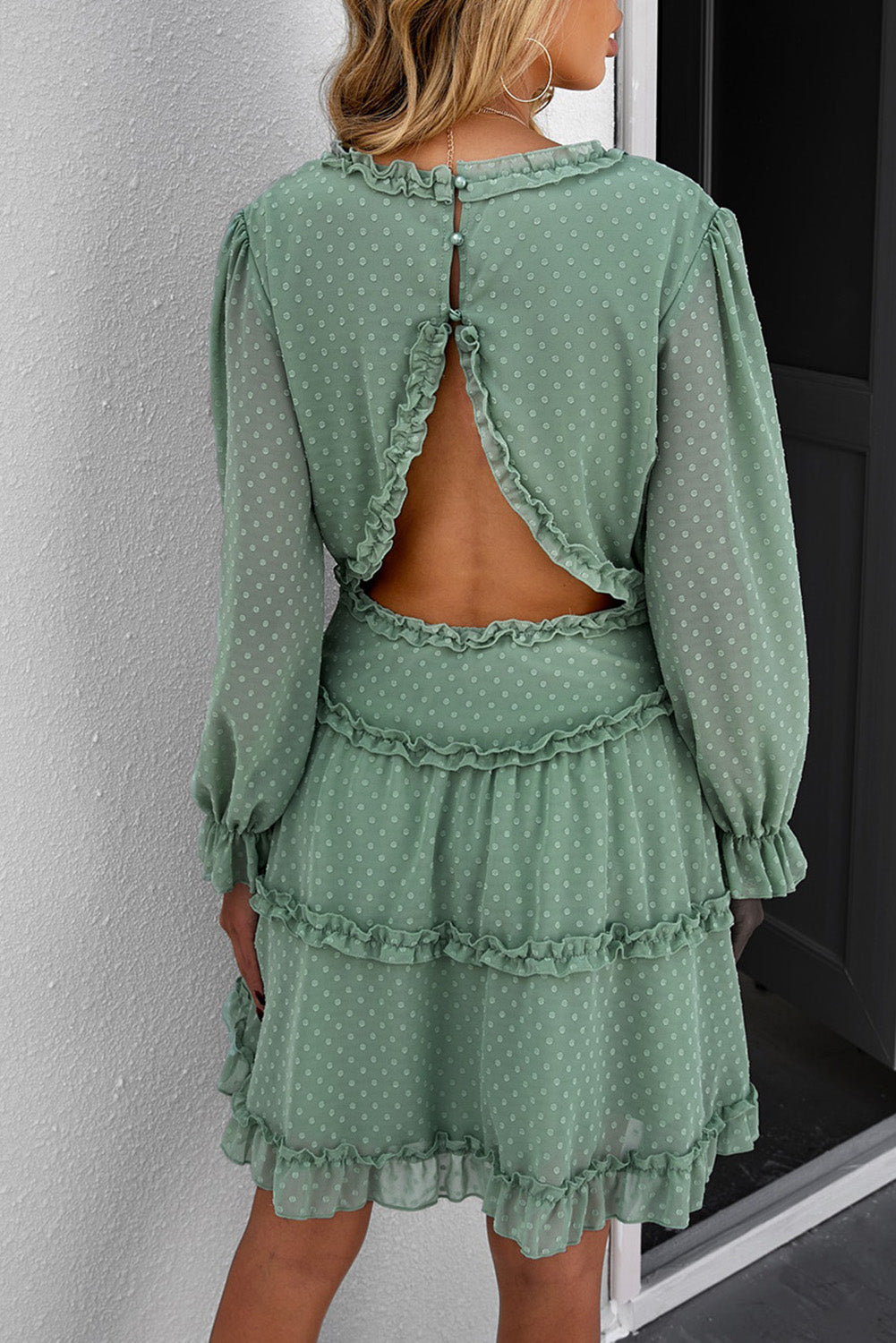 Green Layered Ruffled Open Back Puff Sleeve Swiss Dot Mini Dress Mini Dresses JT's Designer Fashion