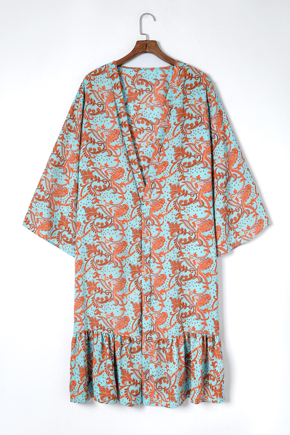 Sky Blue Boho Retro Floral Print Long Sleeve Oversized Kimono Kimonos JT's Designer Fashion
