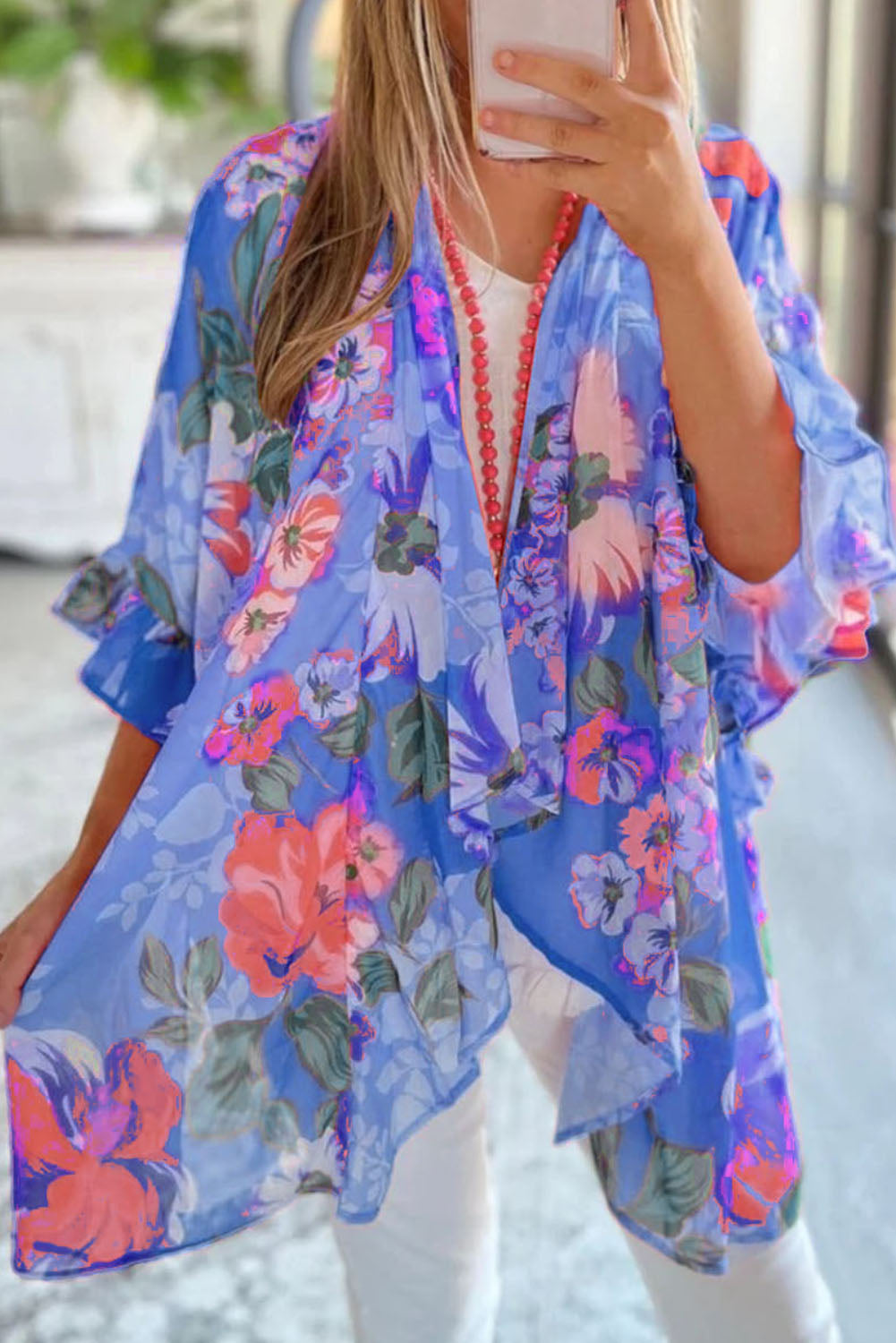 Sky Blue Floral Print Ruffled 3/4 Sleeve Loose Fit Kimono Kimonos JT's Designer Fashion