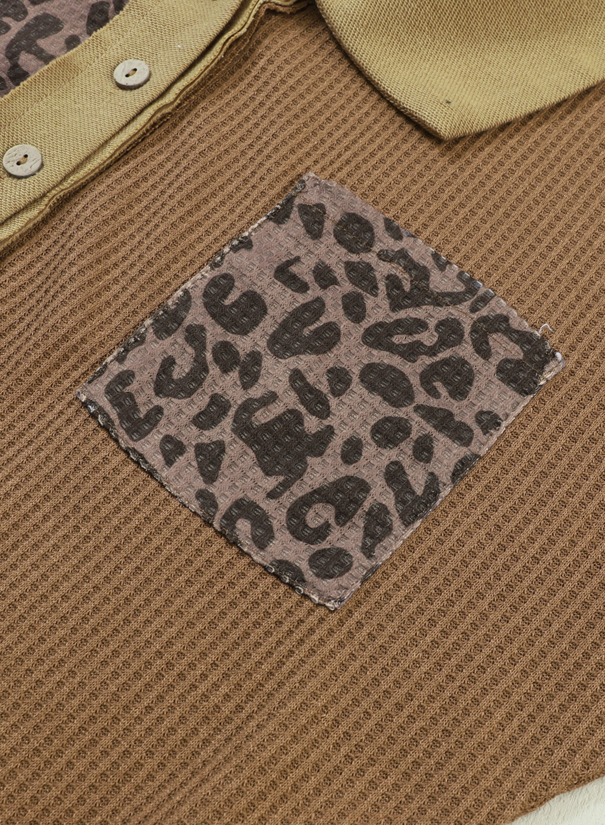 Khaki Leopard Patchwork Waffle Knit Buttoned Blouse Blouses & Shirts JT's Designer Fashion