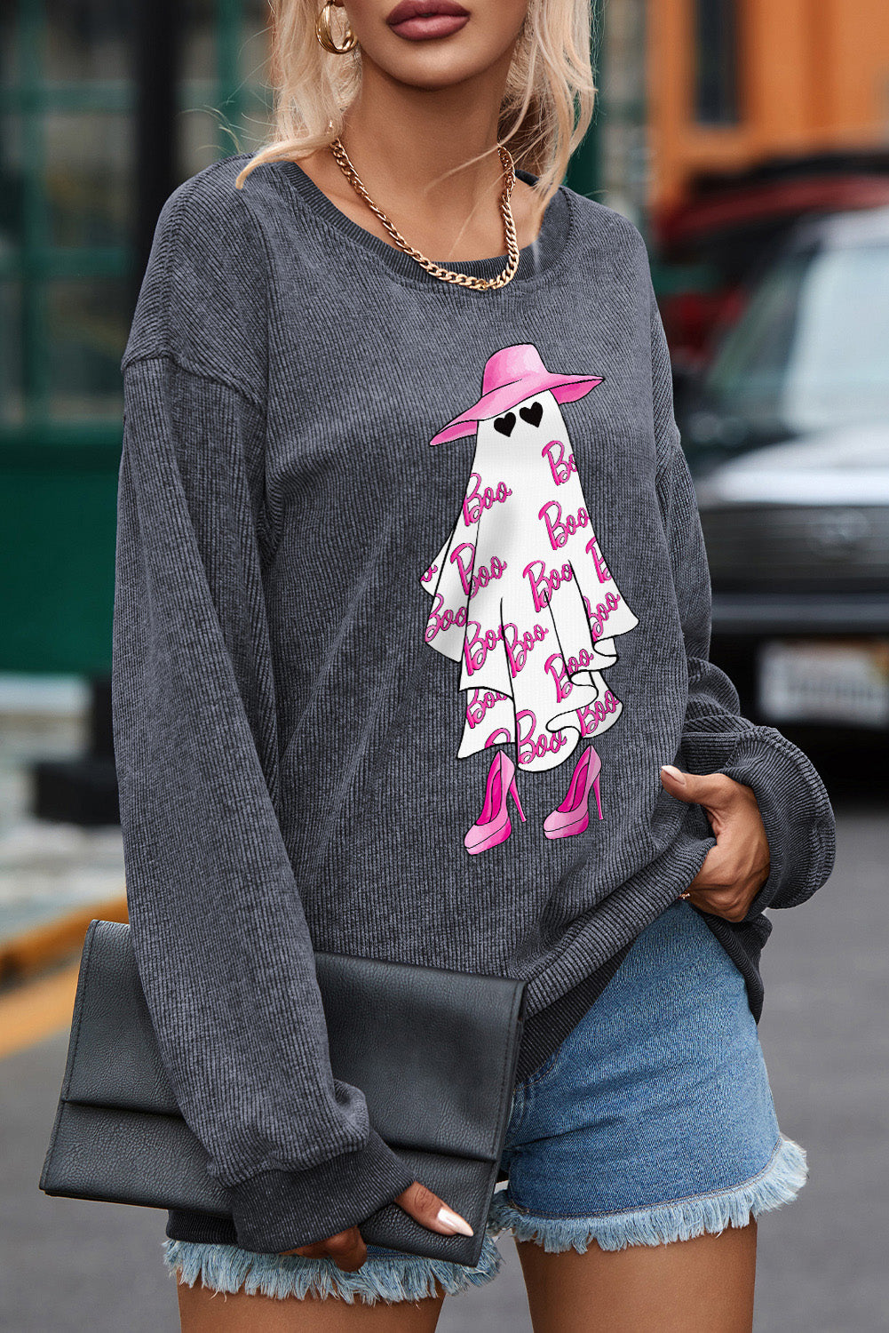 Gray Halloween Ghost Boo Graphic Corded Sweatshirt Graphic Sweatshirts JT's Designer Fashion