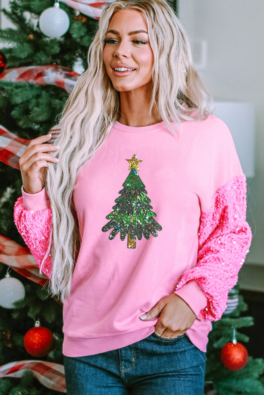Pink Christmas Tree Sequin Sleeve Patched Graphic Sweatshirt Pink 65%Polyester+35%Cotton Graphic Sweatshirts JT's Designer Fashion