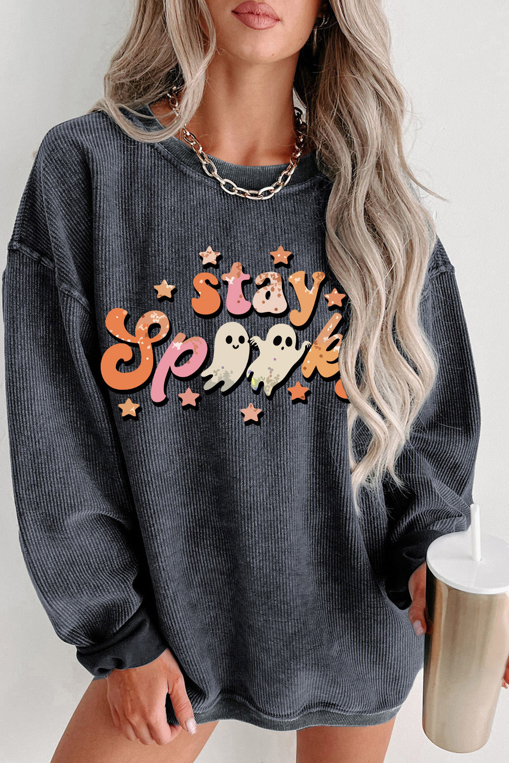 Gray Corded Stay Spooky Graphic Halloween Sweatshirt Gray 100%Polyester Graphic Sweatshirts JT's Designer Fashion
