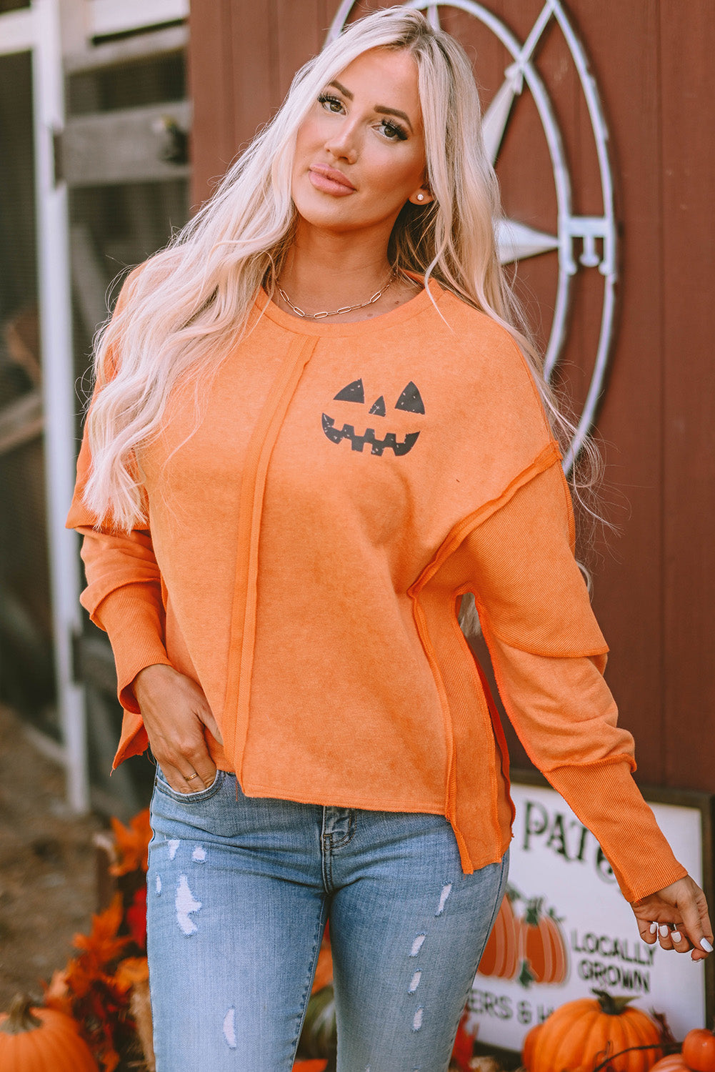 Orange Halloween Pumpkin Face Exposed Seam Patchwork Sweatshirt Graphic Sweatshirts JT's Designer Fashion