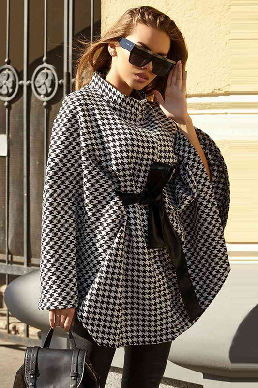 Houndstooth Tie Waist Trench Coat Plaid One Size Coats & Jackets JT's Designer Fashion