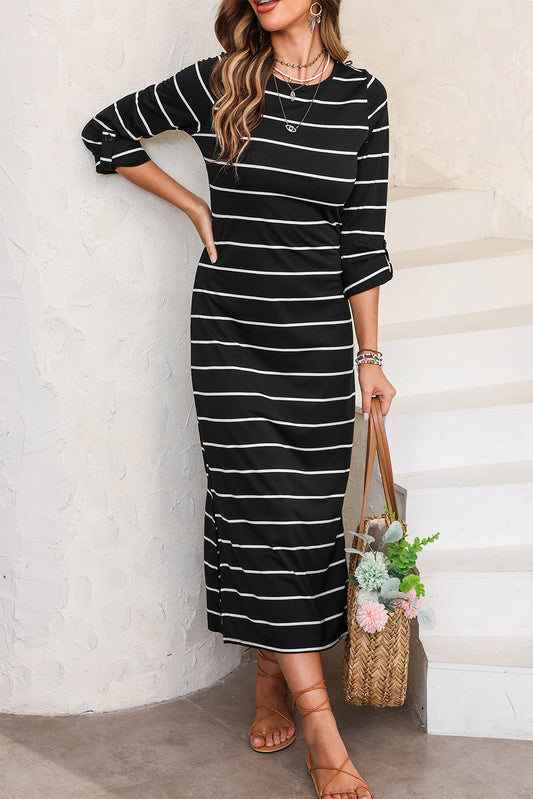 Black Striped Casual Slit Long Dress Dresses JT's Designer Fashion
