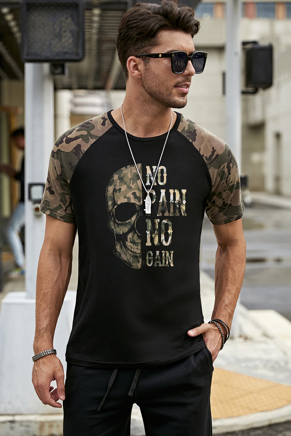 Black Camo Skull Letter Printed Raglan Sleeve Men's T Shirt Men's Tops JT's Designer Fashion