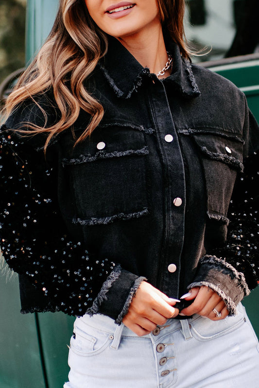 Black Sequin Sleeve Pocketed Raw Hem Denim Jacket Outerwear JT's Designer Fashion