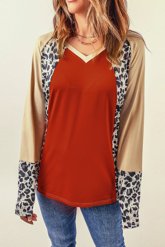 Brown Colorblock Leopard V Neck Long Sleeve Top Brown 95%Polyester+5%Elastane Long Sleeve Tops JT's Designer Fashion