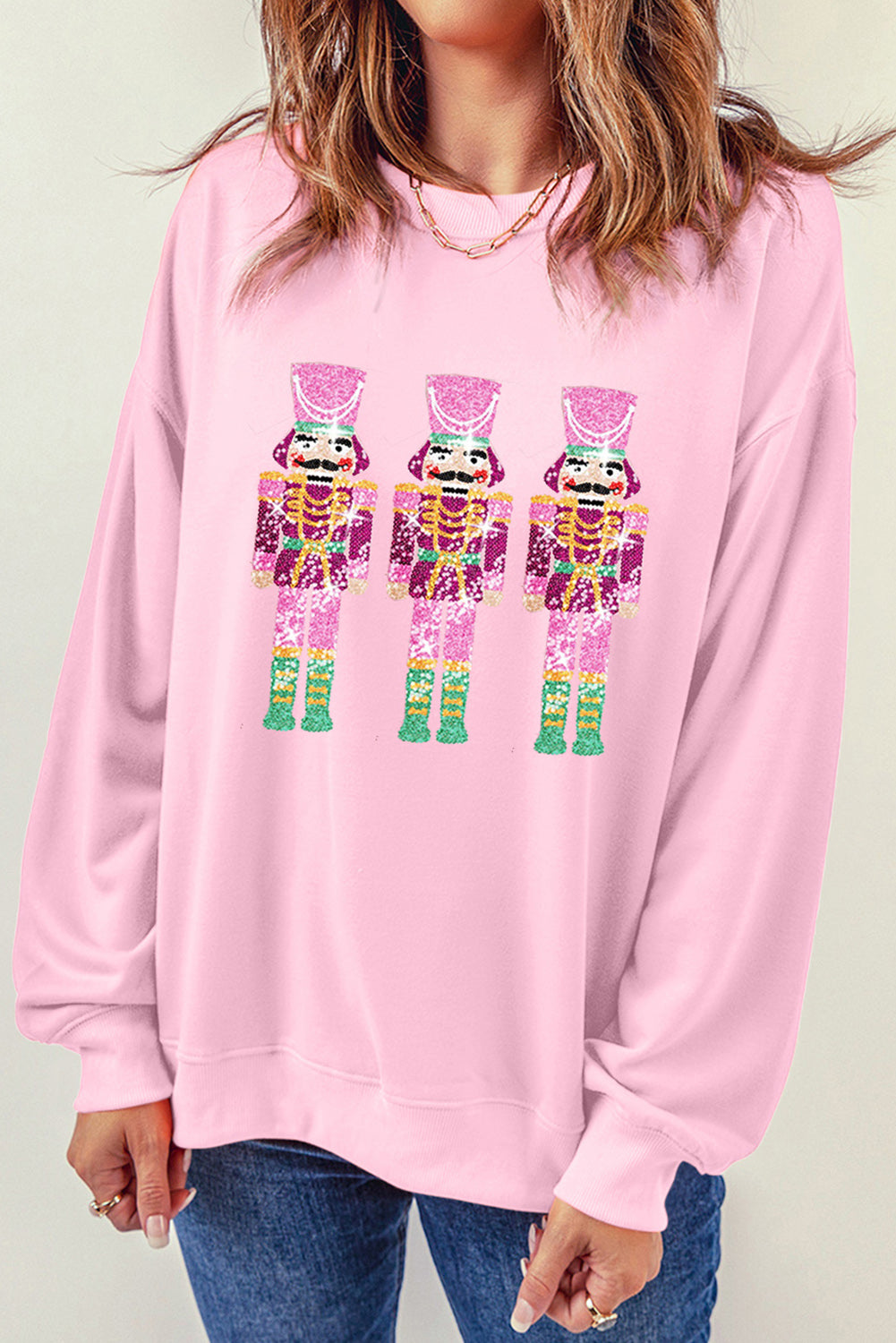 Pink Christmas Neon Nutcrackers Crewneck Sweatshirt Pink 70%Polyester+30%Cotton Graphic Sweatshirts JT's Designer Fashion