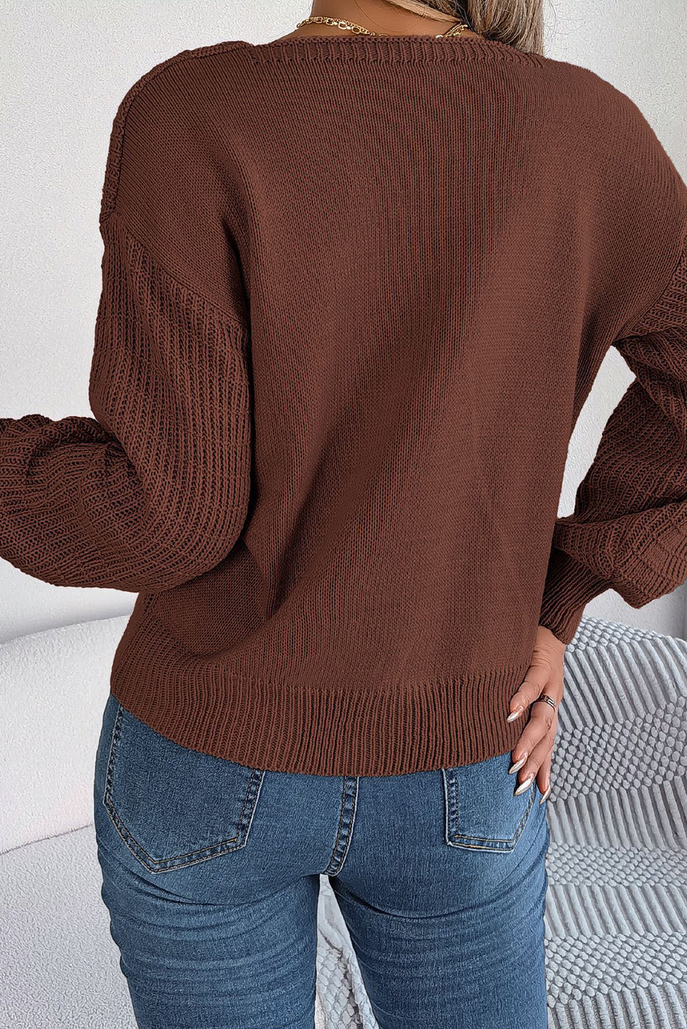 Coffee Cable Knit Mixed Textured Square Neck Sweater Pre Order Sweaters & Cardigans JT's Designer Fashion