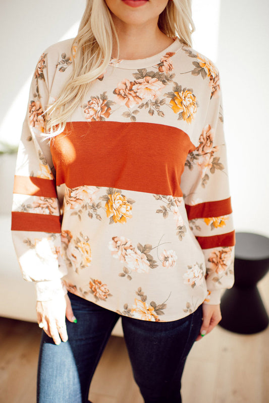 Orange Floral Color Block Detail Long Sleeve Top Tops & Tees JT's Designer Fashion