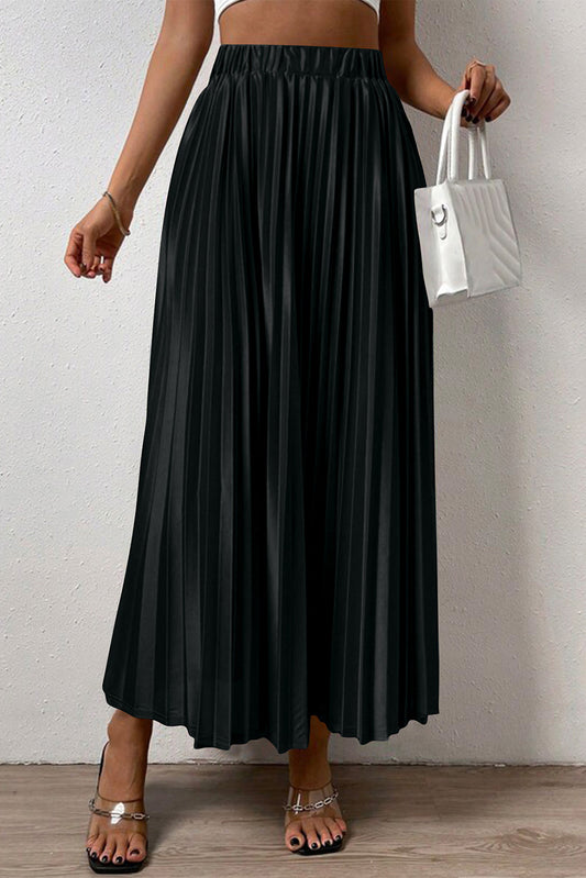 Black Elastic Waist Pleated Maxi Skirt Bottoms JT's Designer Fashion