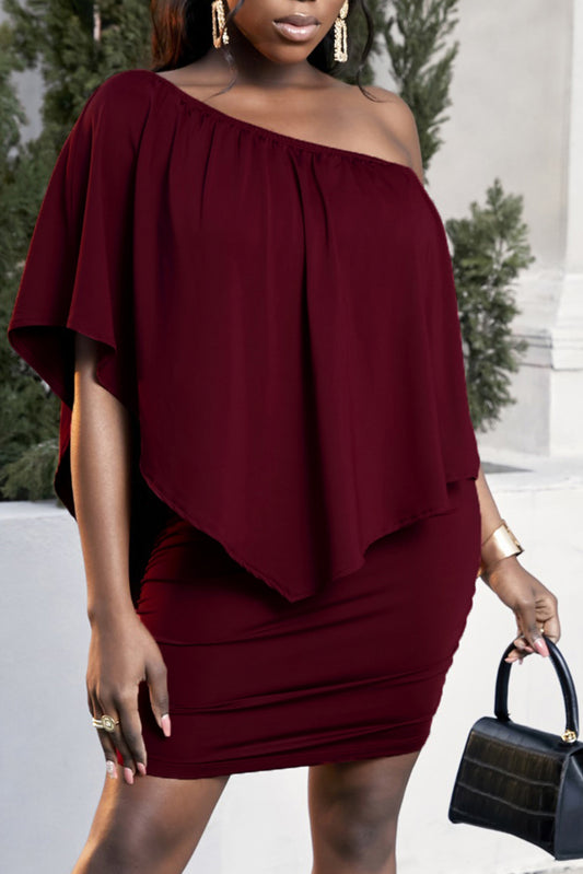 Plus Size One-Shoulder Half Sleeve Mini Dress Wine Mini Dresses JT's Designer Fashion