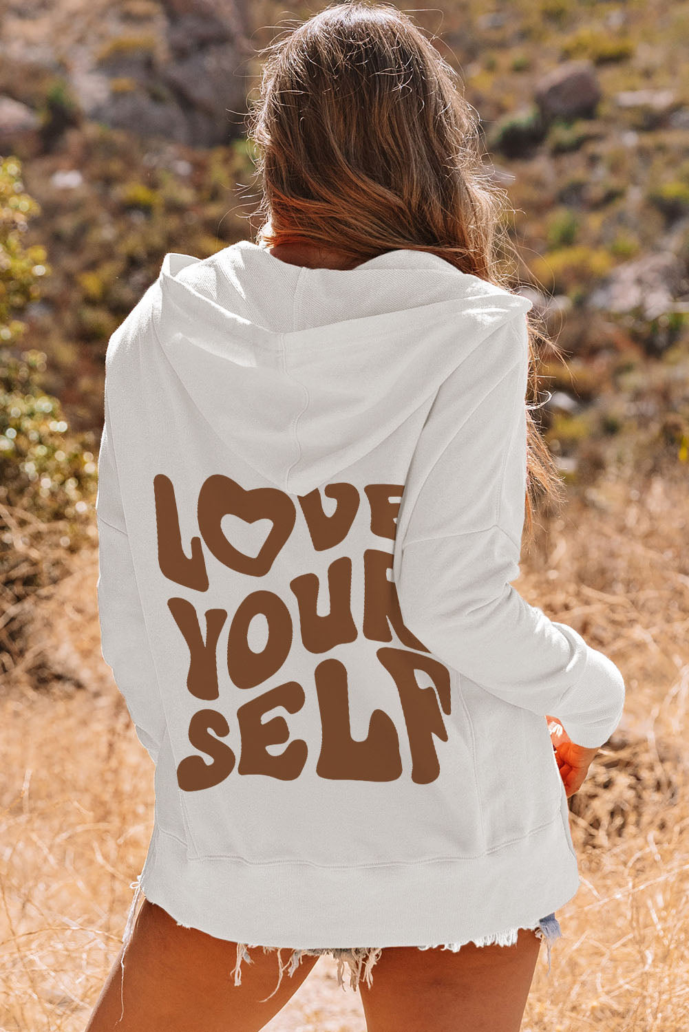 White LOVE YOURSELF Graphic Snap Buttons Pullover Hoodie White 50%Polyester+50%Cotton Graphic Sweatshirts JT's Designer Fashion
