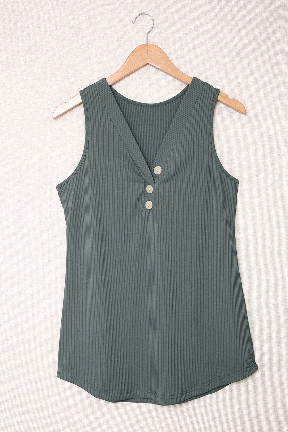 Green Solid Color Buttons V Neck Ribbed Tank Top Tank Tops JT's Designer Fashion