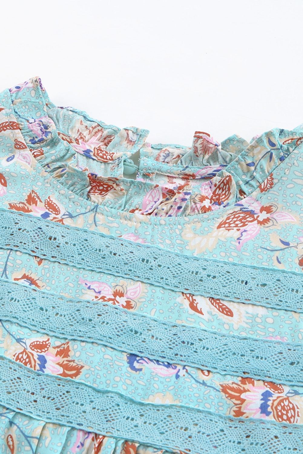 Sky Blue Floral Print Ruffled Crew Neck Sleeveless Top Tank Tops JT's Designer Fashion