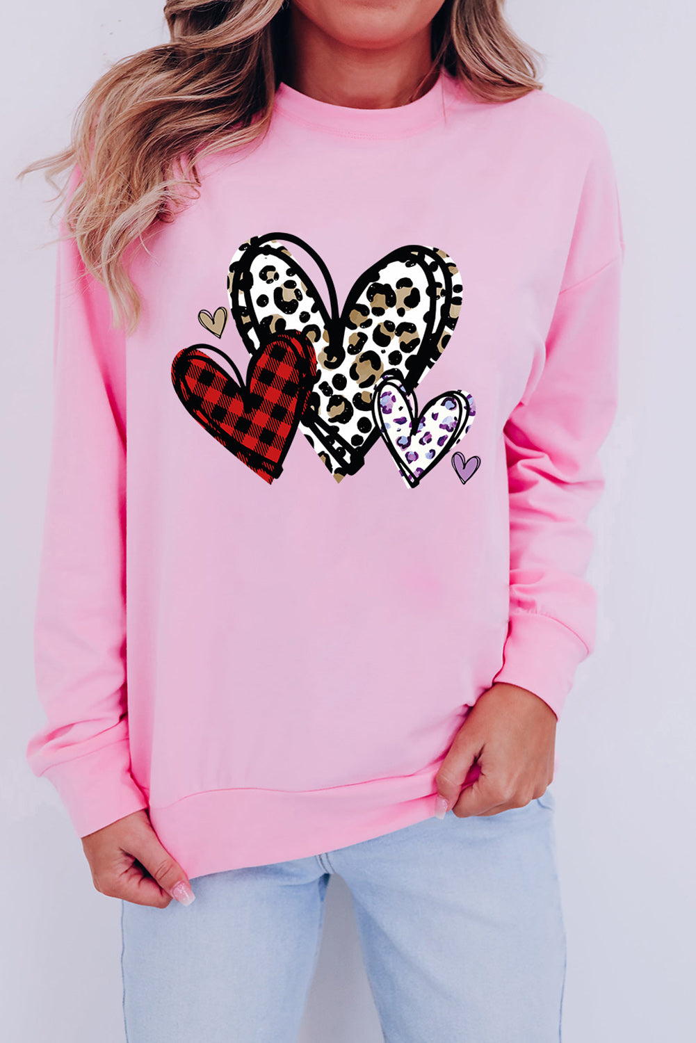 Pink Heart Shaped Plaid Leopard Print Crew Neck Sweatshirt Pink 70%Polyester+30%Cotton Graphic Sweatshirts JT's Designer Fashion