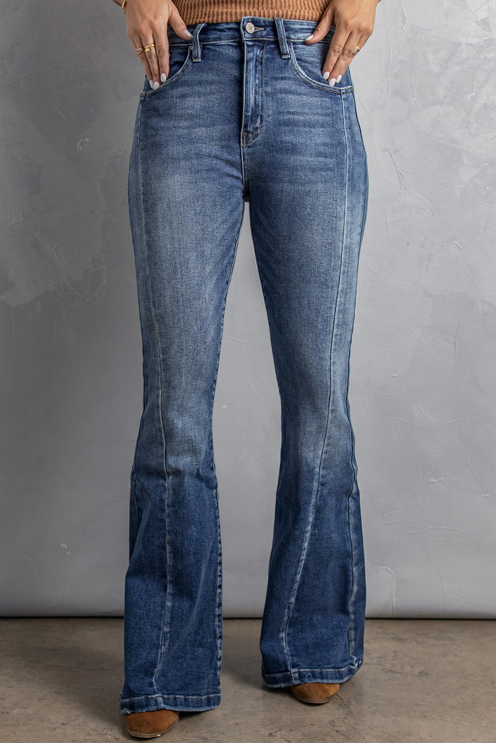 High Waist Flare Jeans with Pockets Blue 68%Cotton+30%Rayon+2%Elastane Jeans JT's Designer Fashion