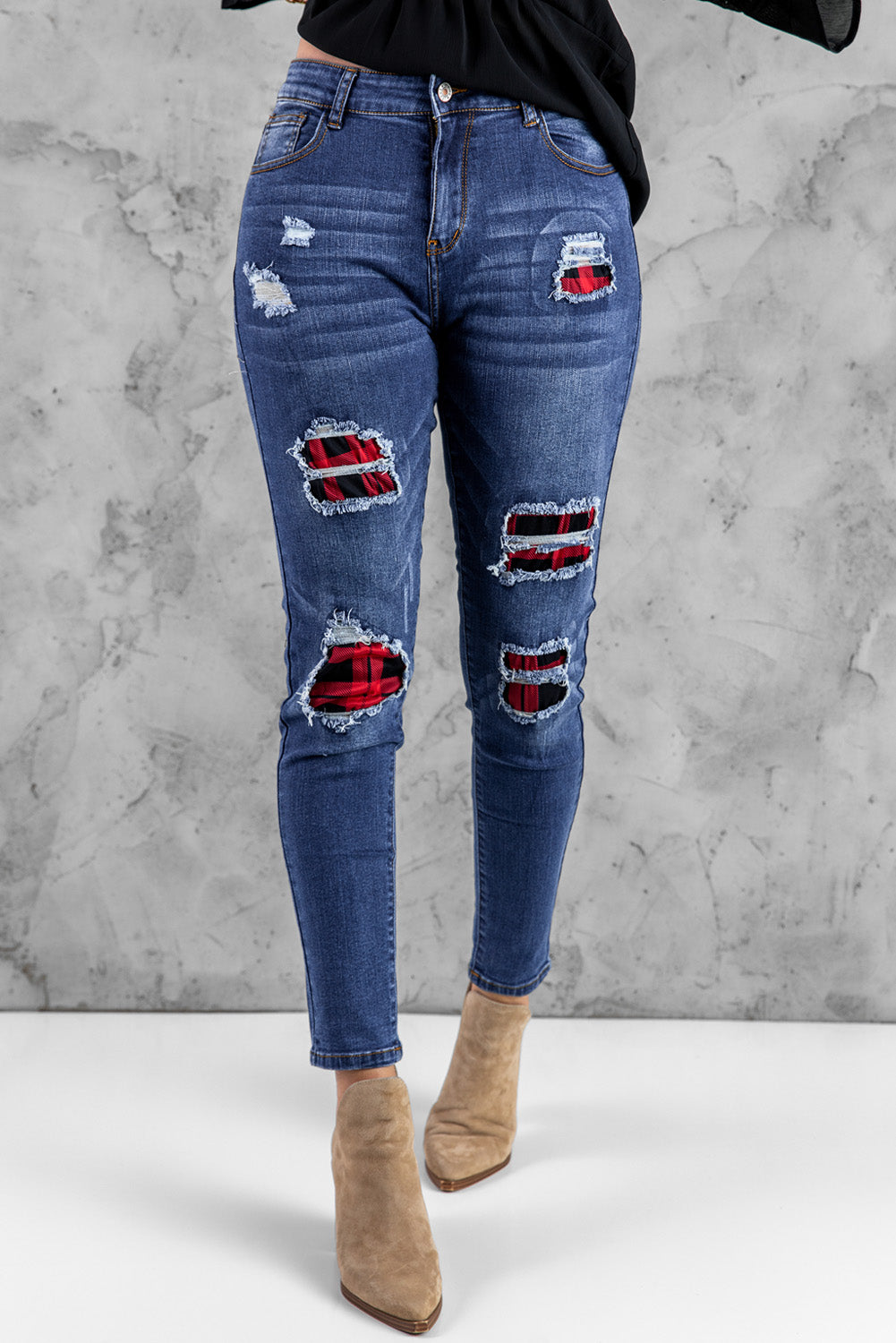 Red Plaid Patch Destroyed Skinny Jeans Jeans JT's Designer Fashion