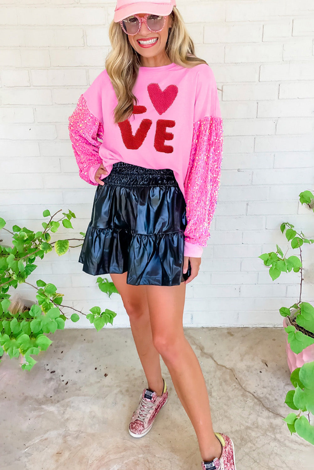 Pink Valentines LOVE Graphic Sequin Sleeve Top Graphic Sweatshirts JT's Designer Fashion