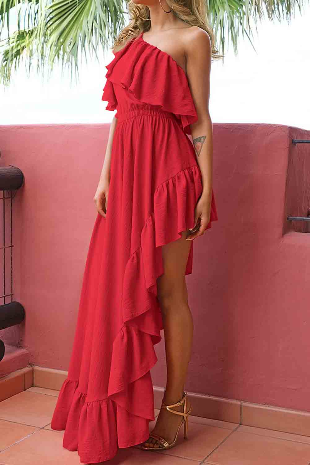 Red Single Shoulder Ruffle High Low Maxi Dress Dresses JT's Designer Fashion