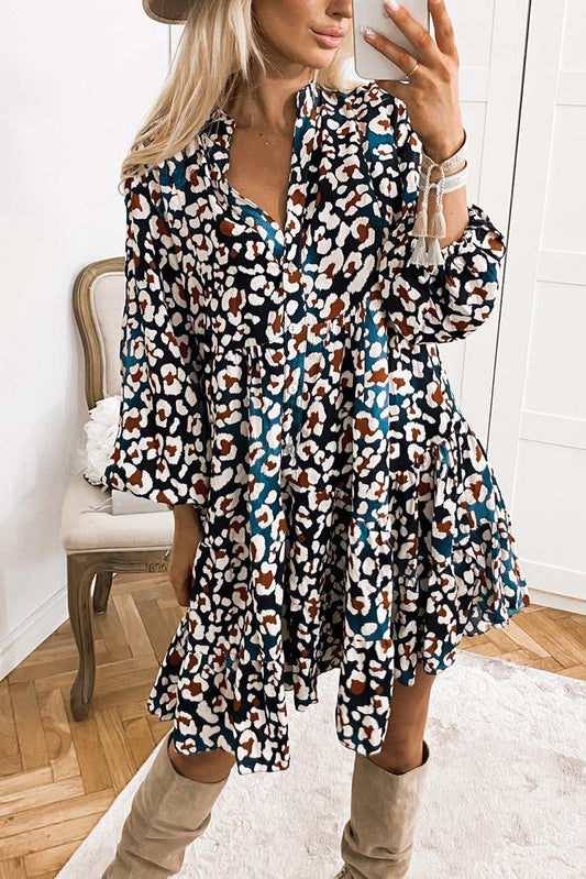 Blue Leopard Print Bubble Sleeve Ruffled Shirt Dress Dresses JT's Designer Fashion