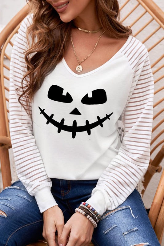 White Halloween Black Sheer-Stripe V-Neck Top White Long Sleeve Tops JT's Designer Fashion