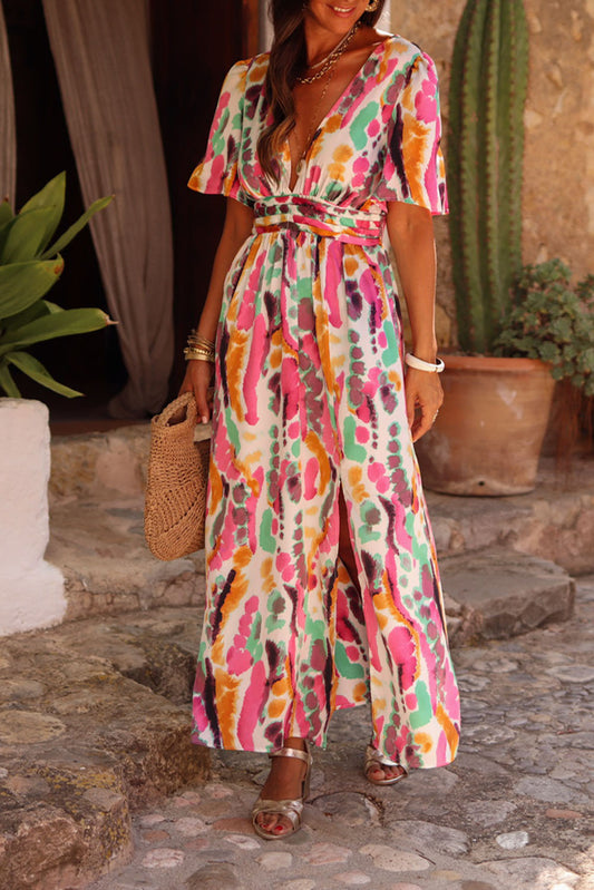 Pink Boho Tie-dye Print V Neck Maxi Dress Pre Order Dresses JT's Designer Fashion
