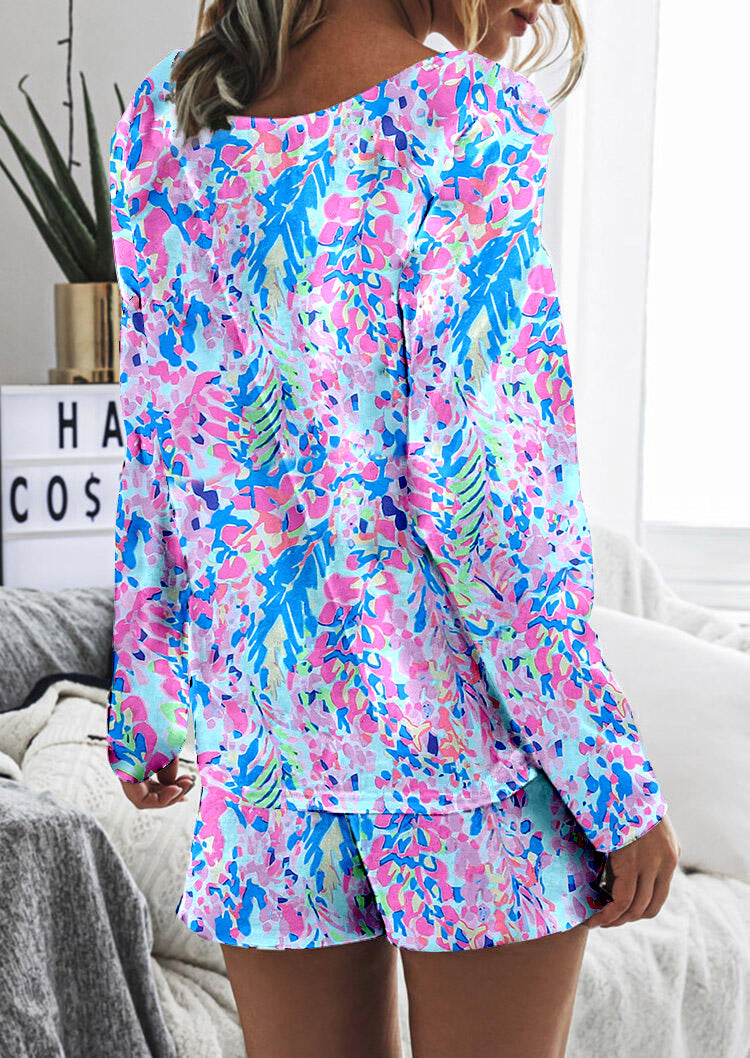 Sky Blue Floral Long Sleeve Top and Drawstring Shorts Set Loungewear JT's Designer Fashion