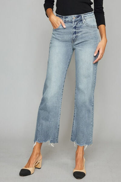 Kancan High Waist Raw Hem Cropped Wide Leg Jeans Light Jeans JT's Designer Fashion